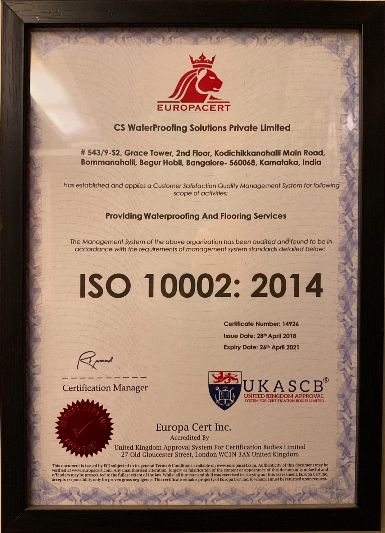 ISO certificate for CS Waterproofing PVT Ltd